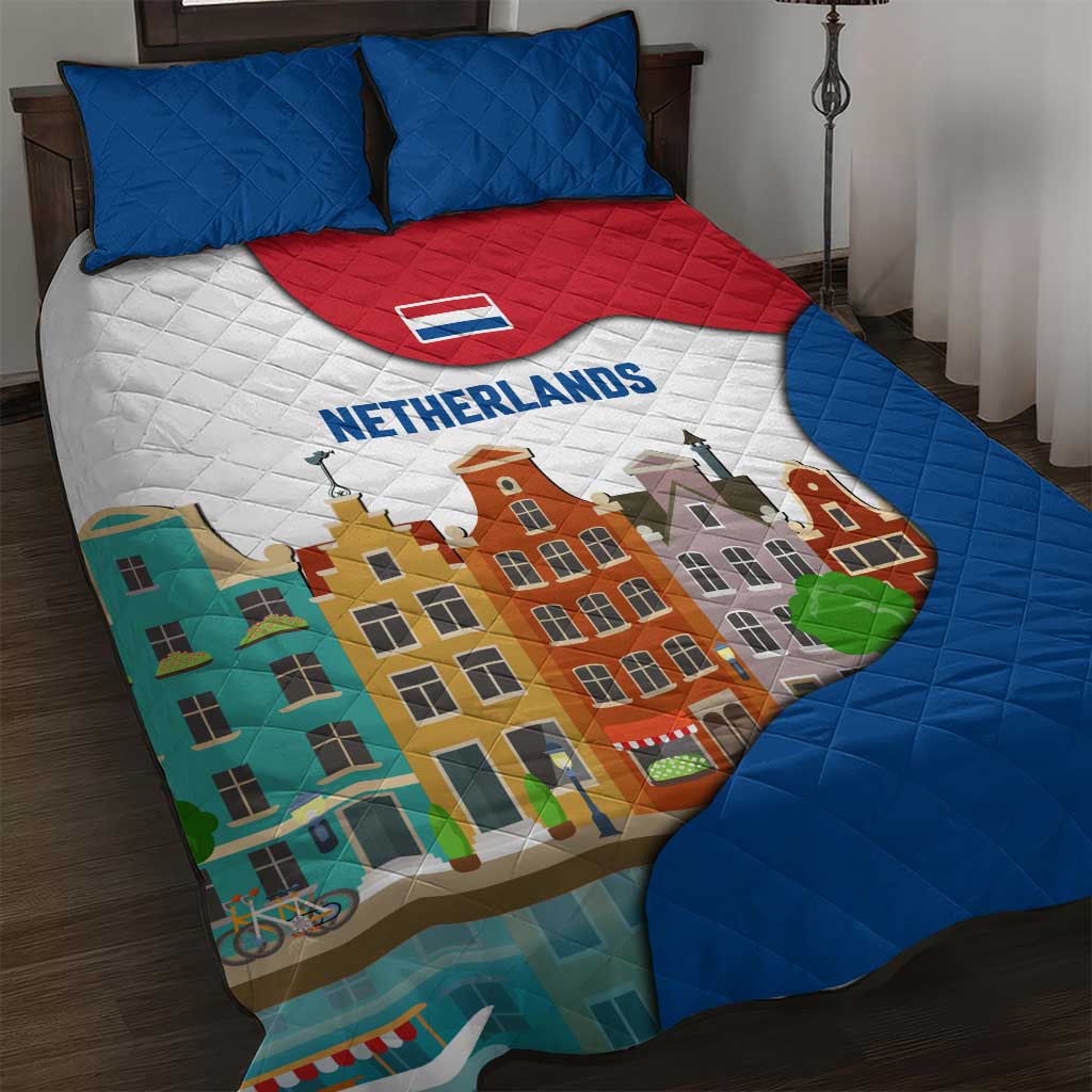 Netherlands Amsterdam Quilt Bed Set with Colorful Canal Houses and National Flag Design - Wonder Print Shop