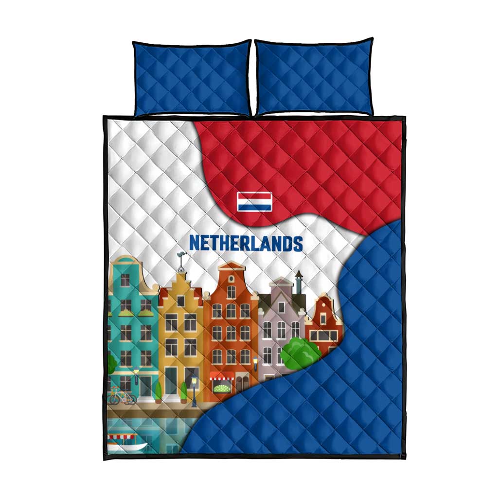Netherlands Amsterdam Quilt Bed Set with Colorful Canal Houses and National Flag Design - Wonder Print Shop