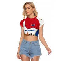 Netherlands Amsterdam Raglan Cropped T Shirt with Colorful Canal Houses and National Flag Design - Wonder Print Shop