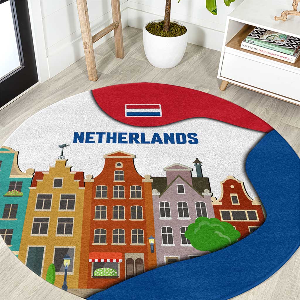 Netherlands Amsterdam Round Carpet with Colorful Canal Houses and National Flag Design - Wonder Print Shop
