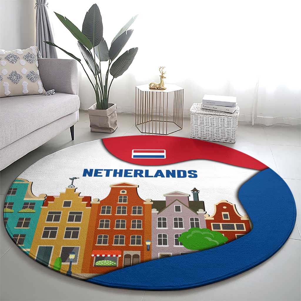 Netherlands Amsterdam Round Carpet with Colorful Canal Houses and National Flag Design - Wonder Print Shop