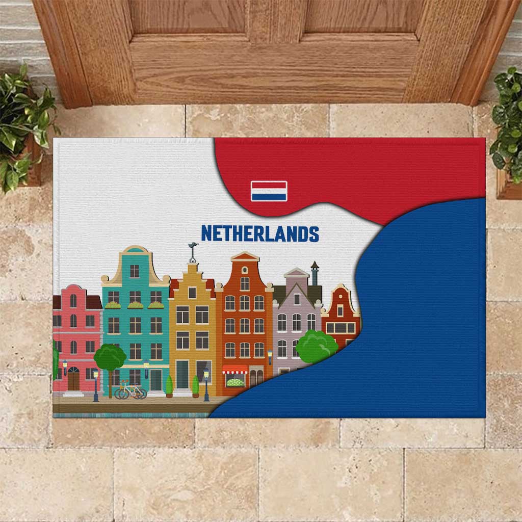 Netherlands Amsterdam Rubber Doormat with Colorful Canal Houses and National Flag Design - Wonder Print Shop