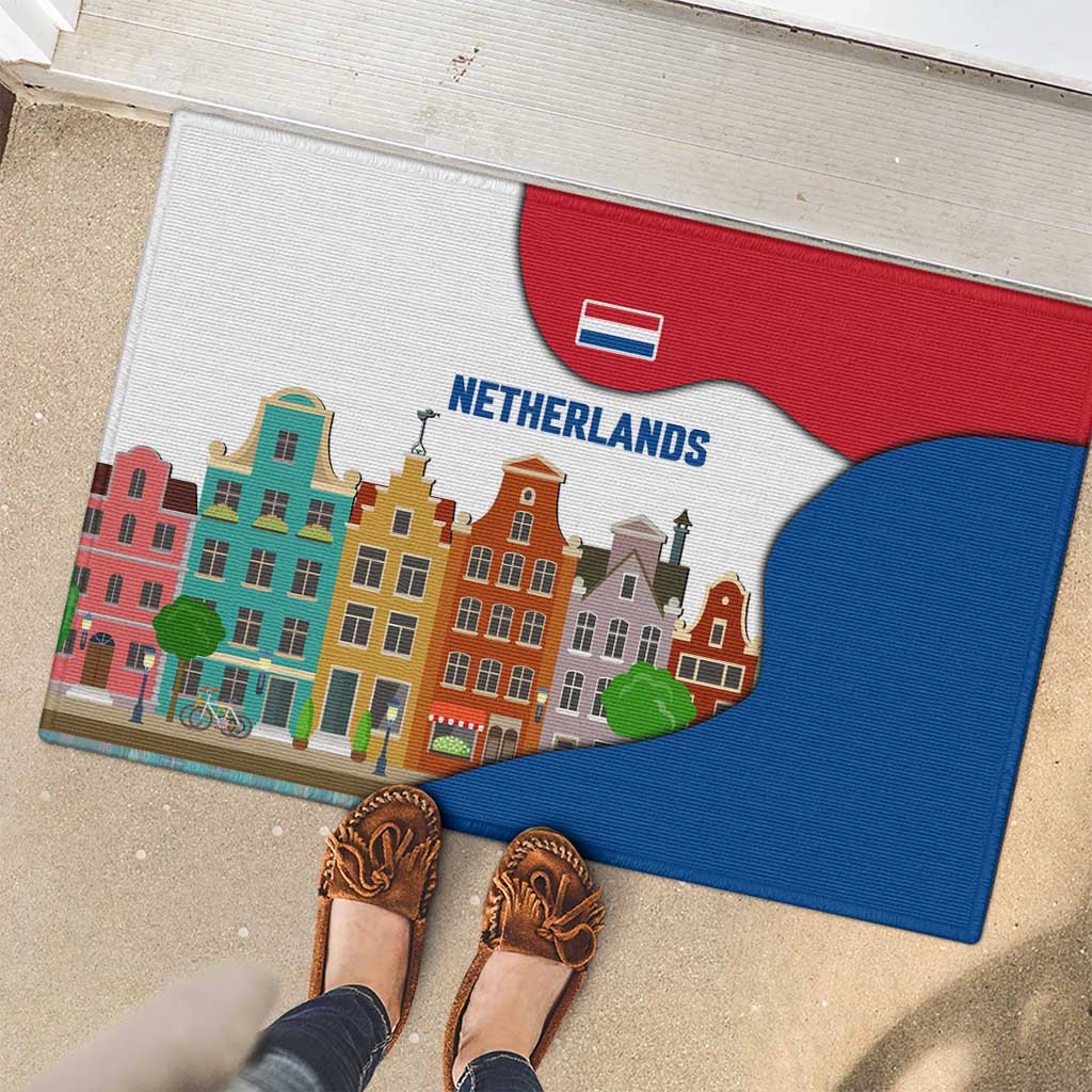 Netherlands Amsterdam Rubber Doormat with Colorful Canal Houses and National Flag Design - Wonder Print Shop