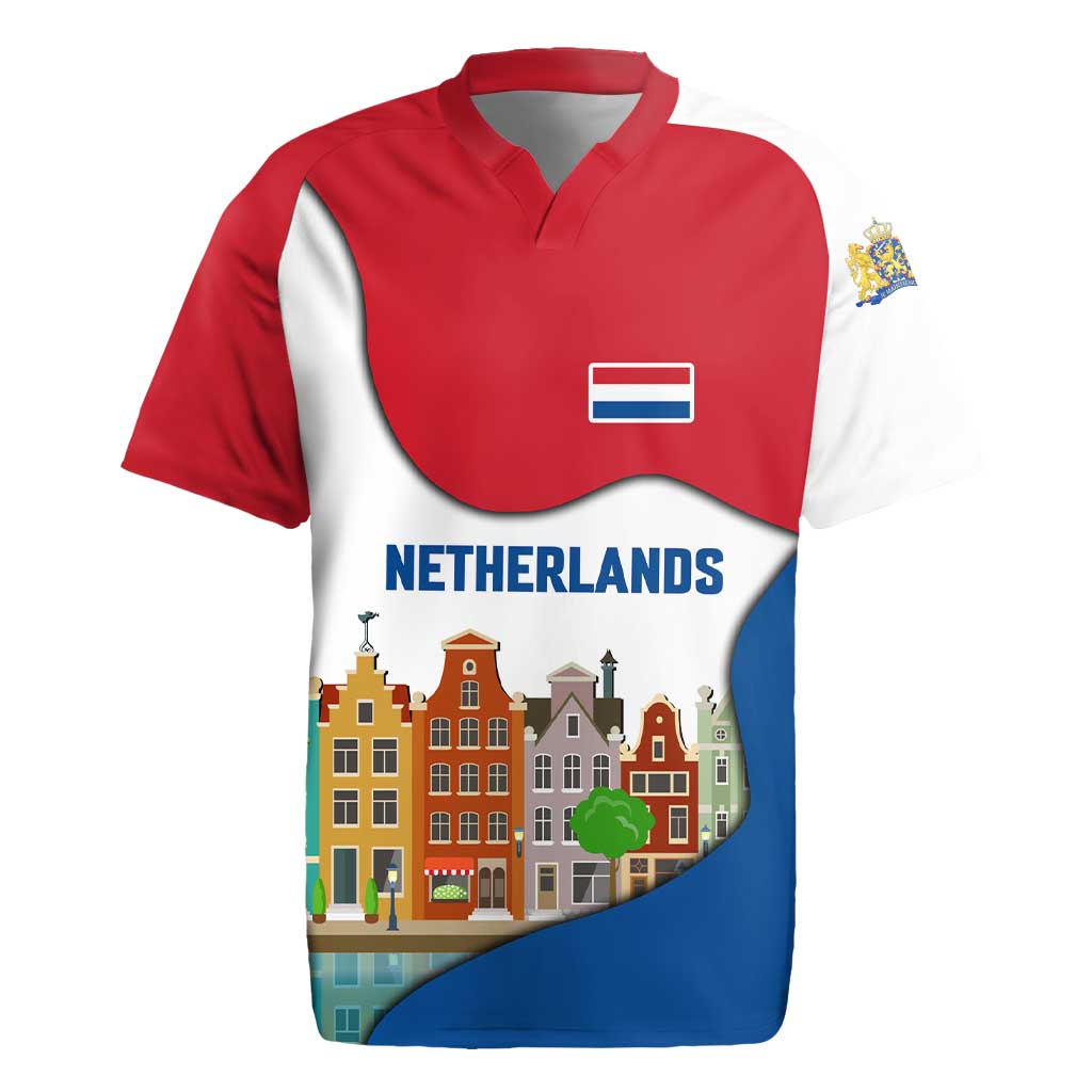 Netherlands Amsterdam Rugby Jersey with Colorful Canal Houses and National Flag Design - Wonder Print Shop