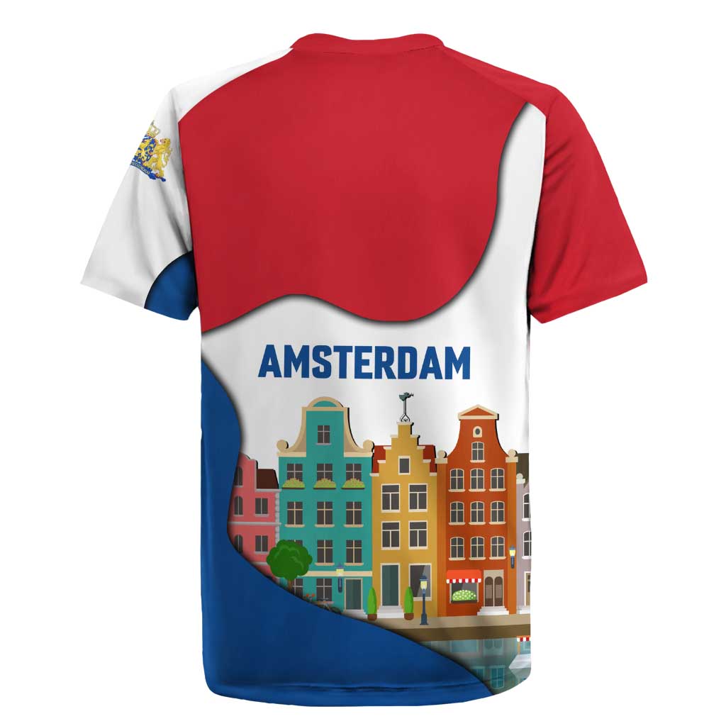 Netherlands Amsterdam Rugby Jersey with Colorful Canal Houses and National Flag Design - Wonder Print Shop