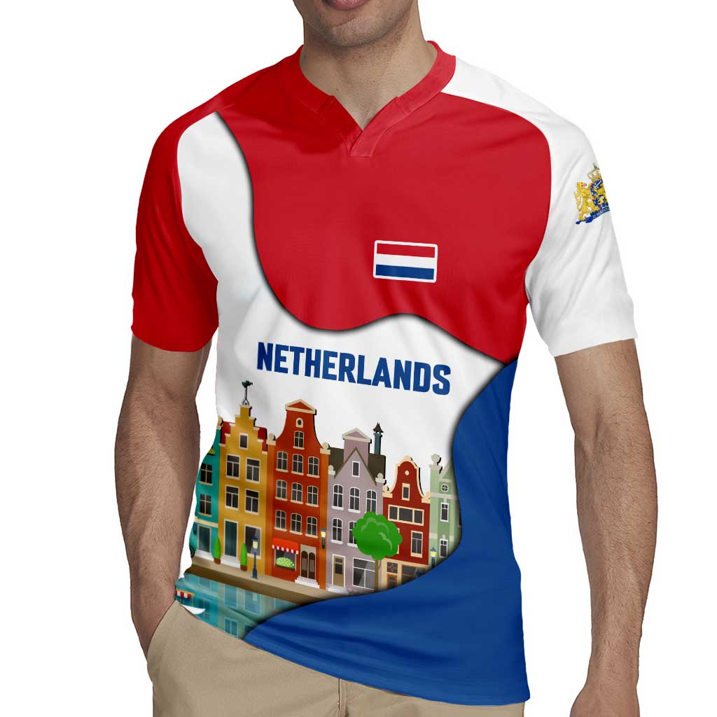Netherlands Amsterdam Rugby Jersey with Colorful Canal Houses and National Flag Design - Wonder Print Shop