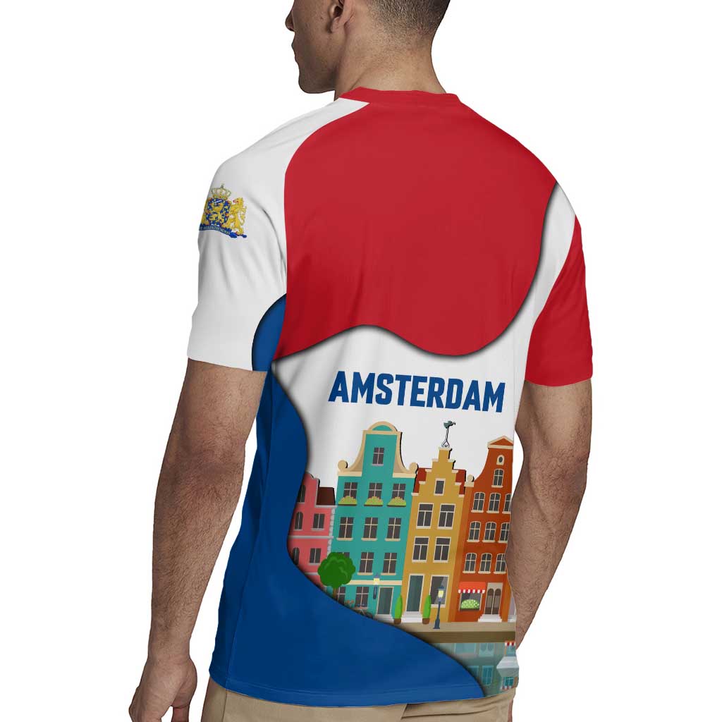 Netherlands Amsterdam Rugby Jersey with Colorful Canal Houses and National Flag Design - Wonder Print Shop