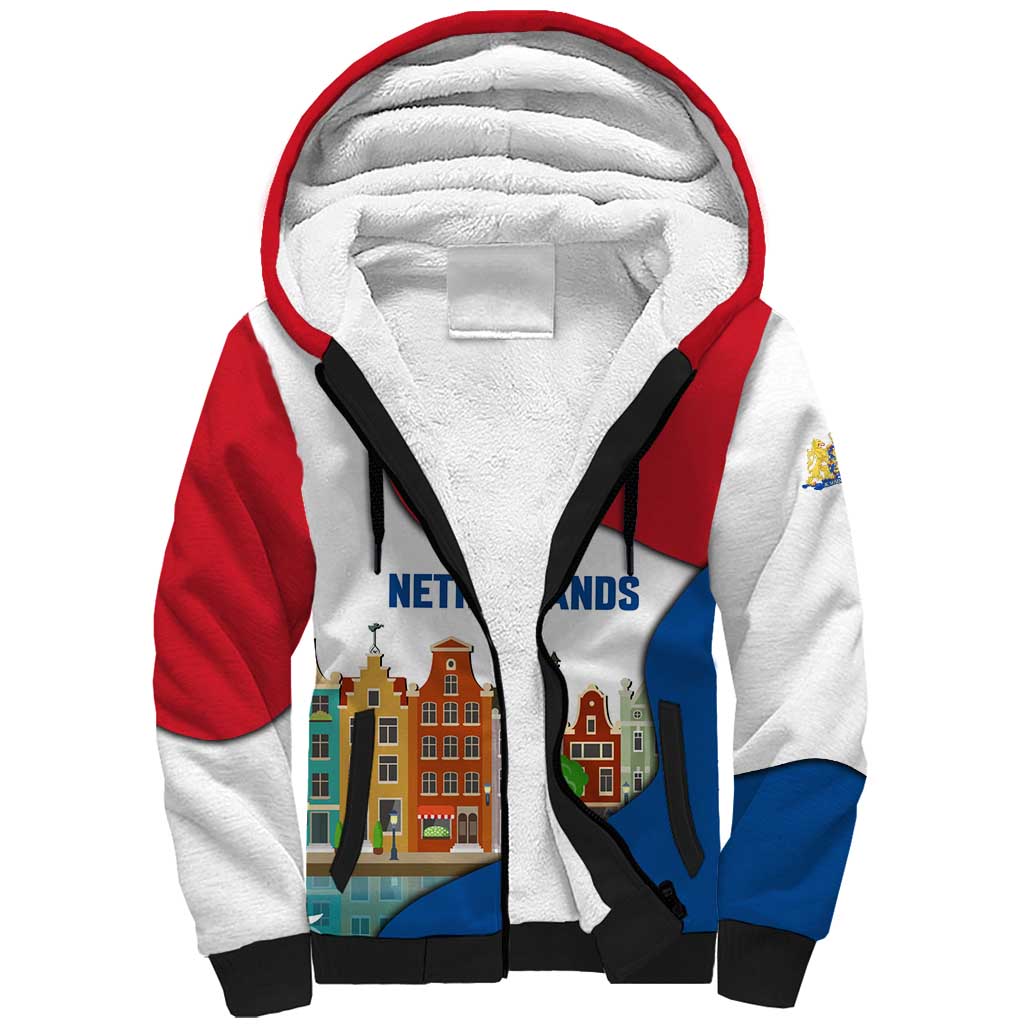 Netherlands Amsterdam Sherpa Hoodie with Colorful Canal Houses and National Flag Design - Wonder Print Shop