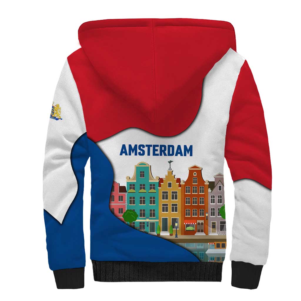 Netherlands Amsterdam Sherpa Hoodie with Colorful Canal Houses and National Flag Design - Wonder Print Shop