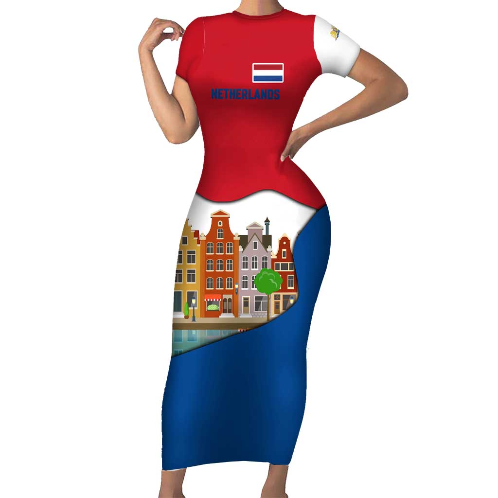Netherlands Amsterdam Short Sleeve Bodycon Dress with Colorful Canal Houses and National Flag Design - Wonder Print Shop