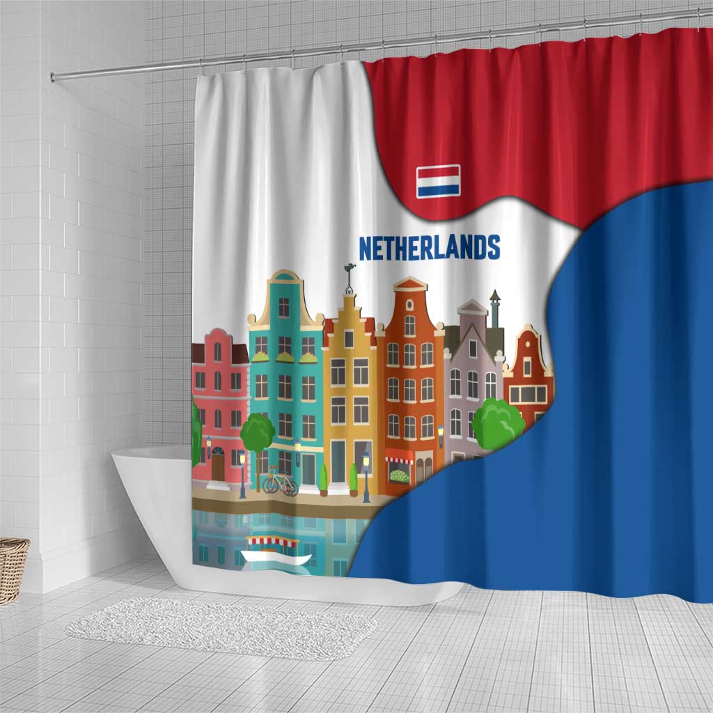 Netherlands Amsterdam Shower Curtain with Colorful Canal Houses and National Flag Design - Wonder Print Shop