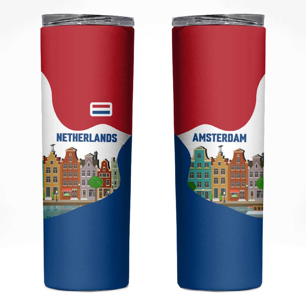 Netherlands Amsterdam Skinny Tumbler with Colorful Canal Houses and National Flag Design - Wonder Print Shop