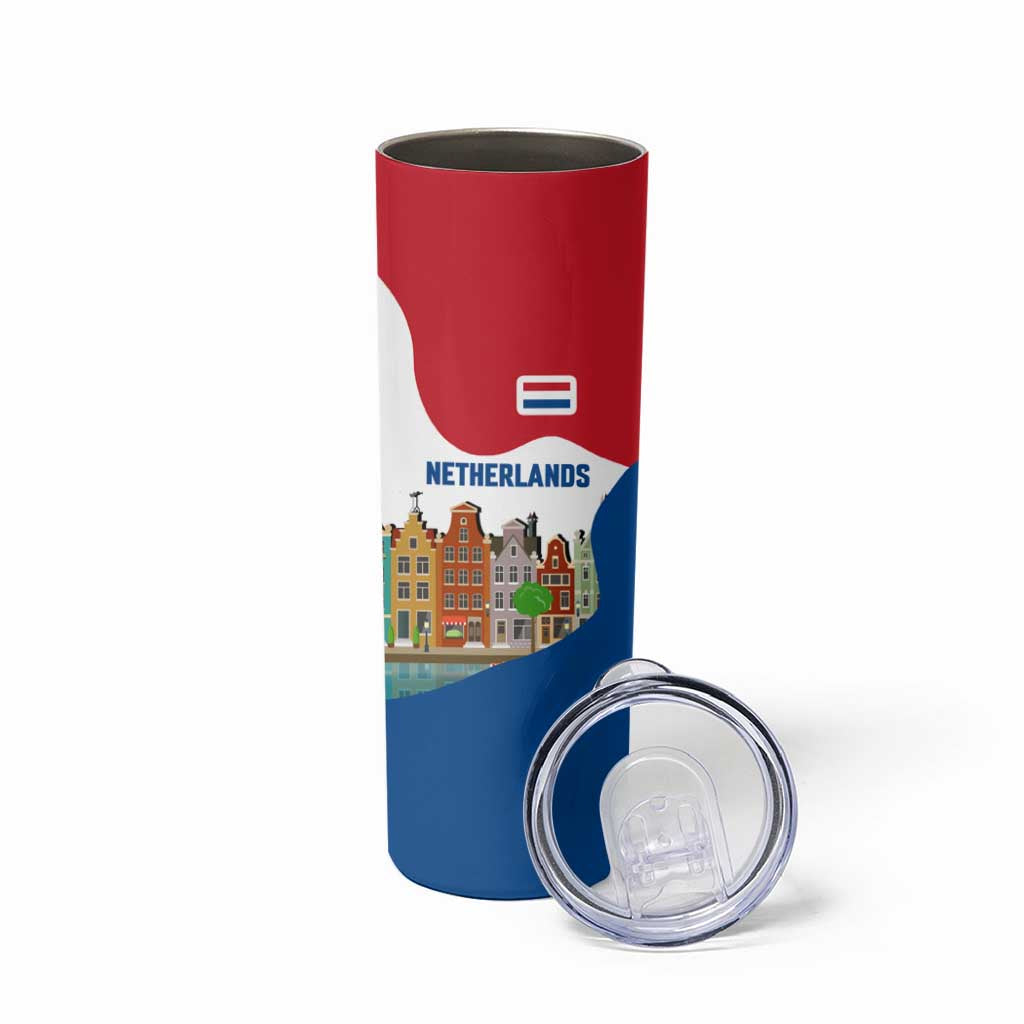 Netherlands Amsterdam Skinny Tumbler with Colorful Canal Houses and National Flag Design - Wonder Print Shop