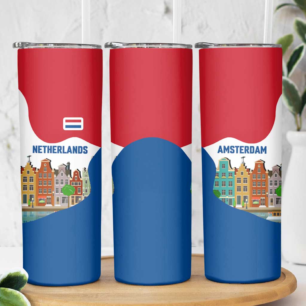 Netherlands Amsterdam Skinny Tumbler with Colorful Canal Houses and National Flag Design - Wonder Print Shop