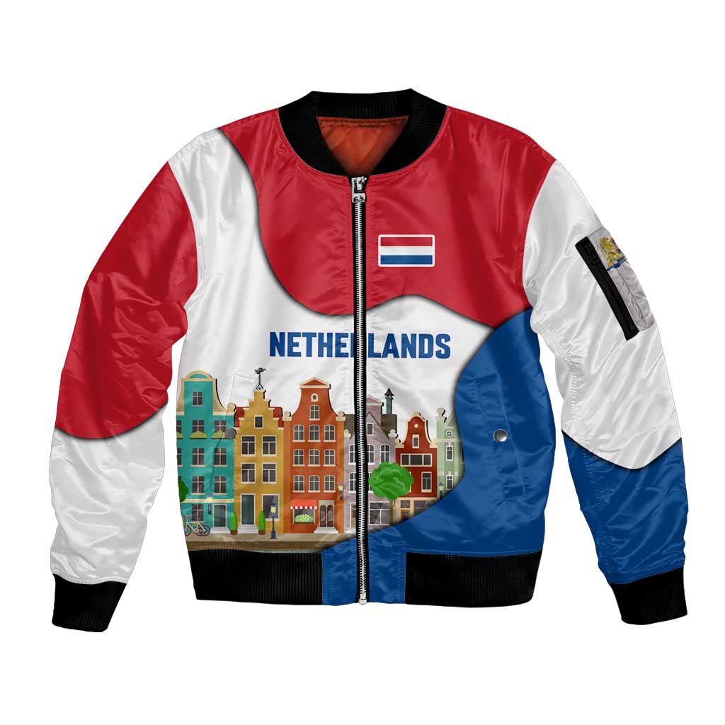 Netherlands Amsterdam Sleeve Zip Bomber Jacket with Colorful Canal Houses and National Flag Design - Wonder Print Shop