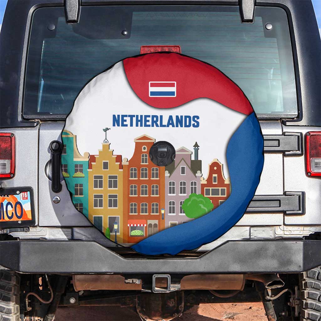 Netherlands Amsterdam Spare Tire Cover with Colorful Canal Houses and National Flag Design - Wonder Print Shop