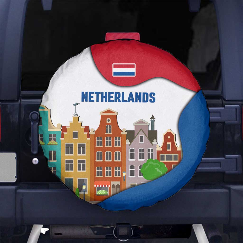 Netherlands Amsterdam Spare Tire Cover with Colorful Canal Houses and National Flag Design - Wonder Print Shop