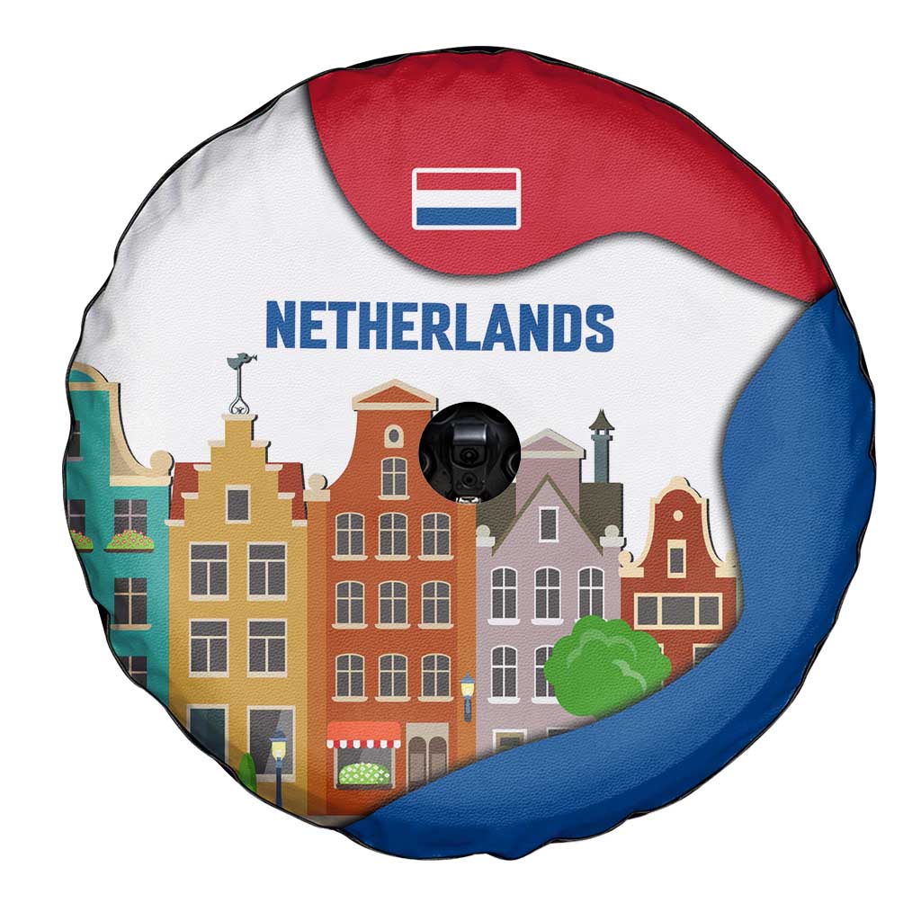 Netherlands Amsterdam Spare Tire Cover with Colorful Canal Houses and National Flag Design - Wonder Print Shop
