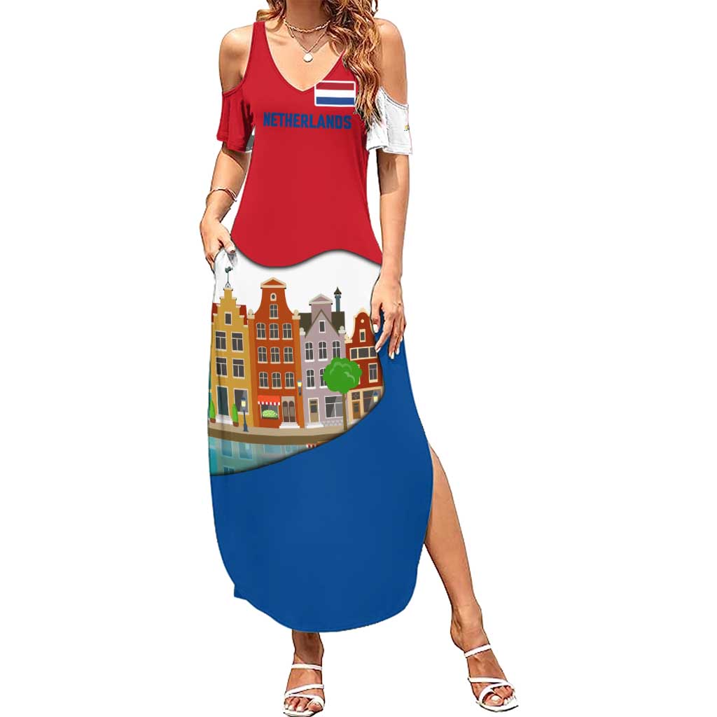 Netherlands Amsterdam Summer Maxi Dress with Colorful Canal Houses and National Flag Design - Wonder Print Shop