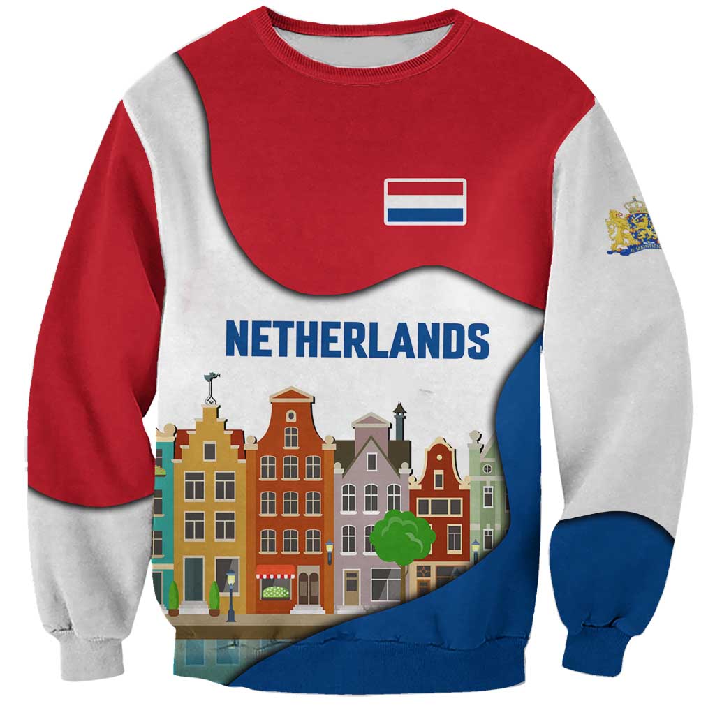 Netherlands Amsterdam Sweatshirt with Colorful Canal Houses and National Flag Design - Wonder Print Shop