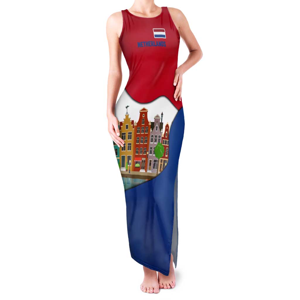Netherlands Amsterdam Tank Maxi Dress with Colorful Canal Houses and National Flag Design - Wonder Print Shop
