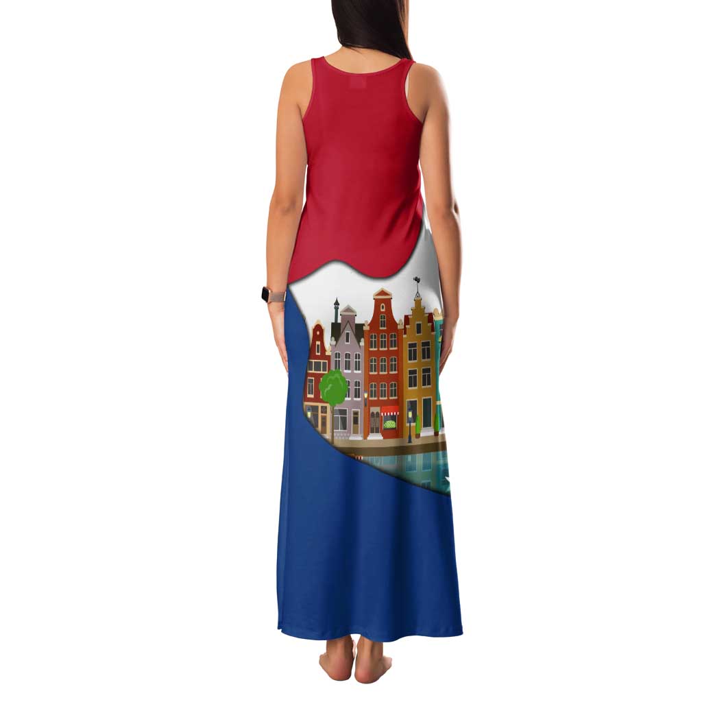 Netherlands Amsterdam Tank Maxi Dress with Colorful Canal Houses and National Flag Design - Wonder Print Shop