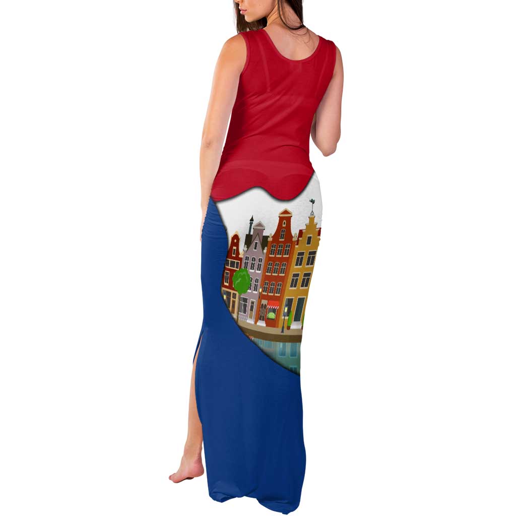 Netherlands Amsterdam Tank Maxi Dress with Colorful Canal Houses and National Flag Design - Wonder Print Shop