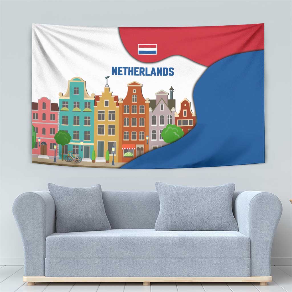 Netherlands Amsterdam Tapestry with Colorful Canal Houses and National Flag Design - Wonder Print Shop