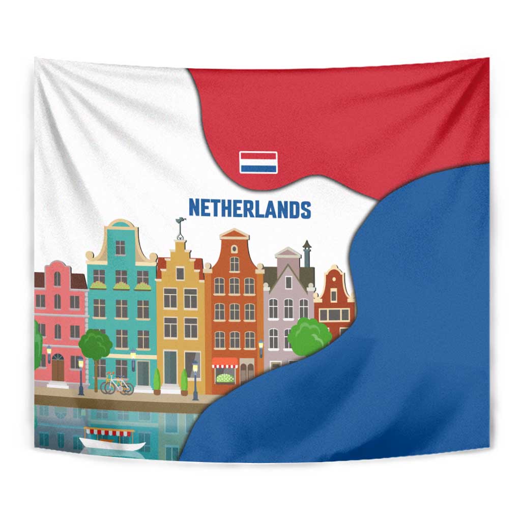Netherlands Amsterdam Tapestry with Colorful Canal Houses and National Flag Design - Wonder Print Shop