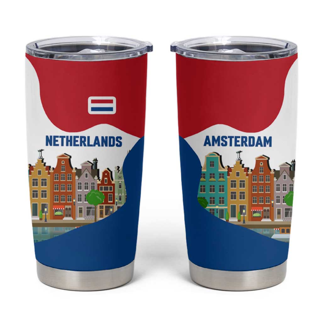 Netherlands Amsterdam Tumbler Cup with Colorful Canal Houses and National Flag Design - Wonder Print Shop