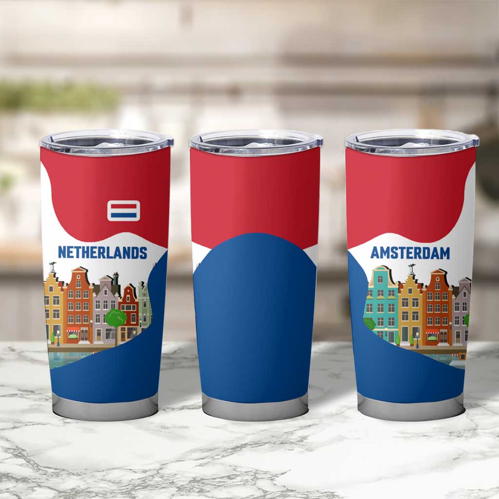Netherlands Amsterdam Tumbler Cup with Colorful Canal Houses and National Flag Design - Wonder Print Shop