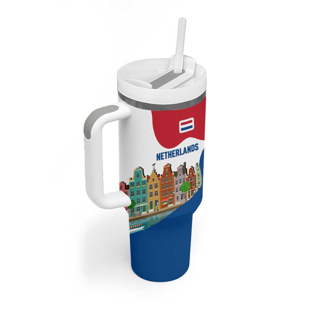 Netherlands Amsterdam Tumbler With Handle with Colorful Canal Houses and National Flag Design - Wonder Print Shop