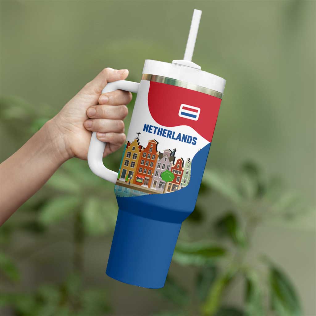 Netherlands Amsterdam Tumbler With Handle with Colorful Canal Houses and National Flag Design - Wonder Print Shop