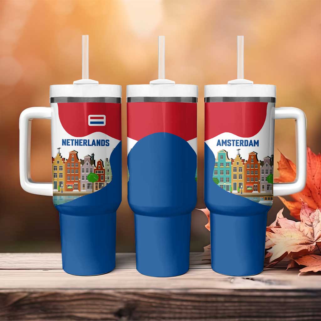 Netherlands Amsterdam Tumbler With Handle with Colorful Canal Houses and National Flag Design - Wonder Print Shop