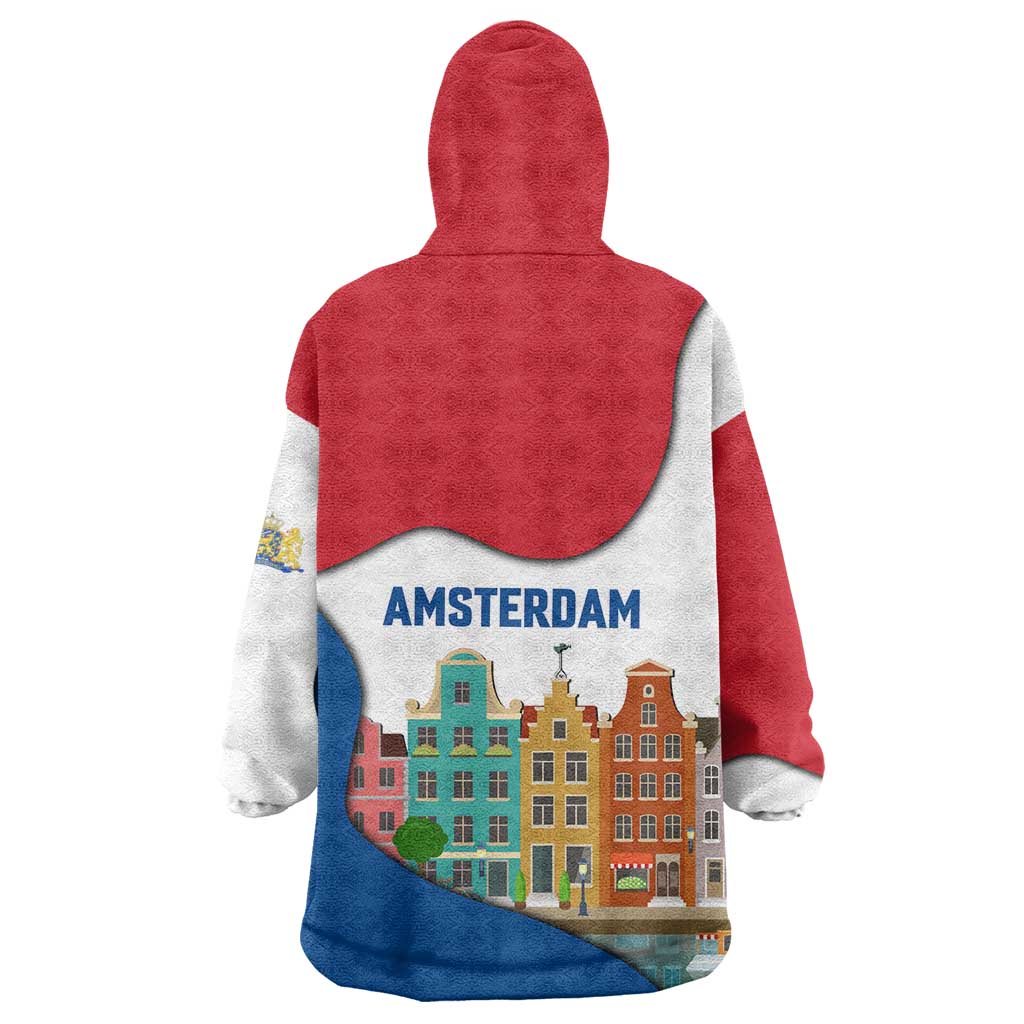 Netherlands Amsterdam Wearable Blanket Hoodie with Colorful Canal Houses and National Flag Design - Wonder Print Shop