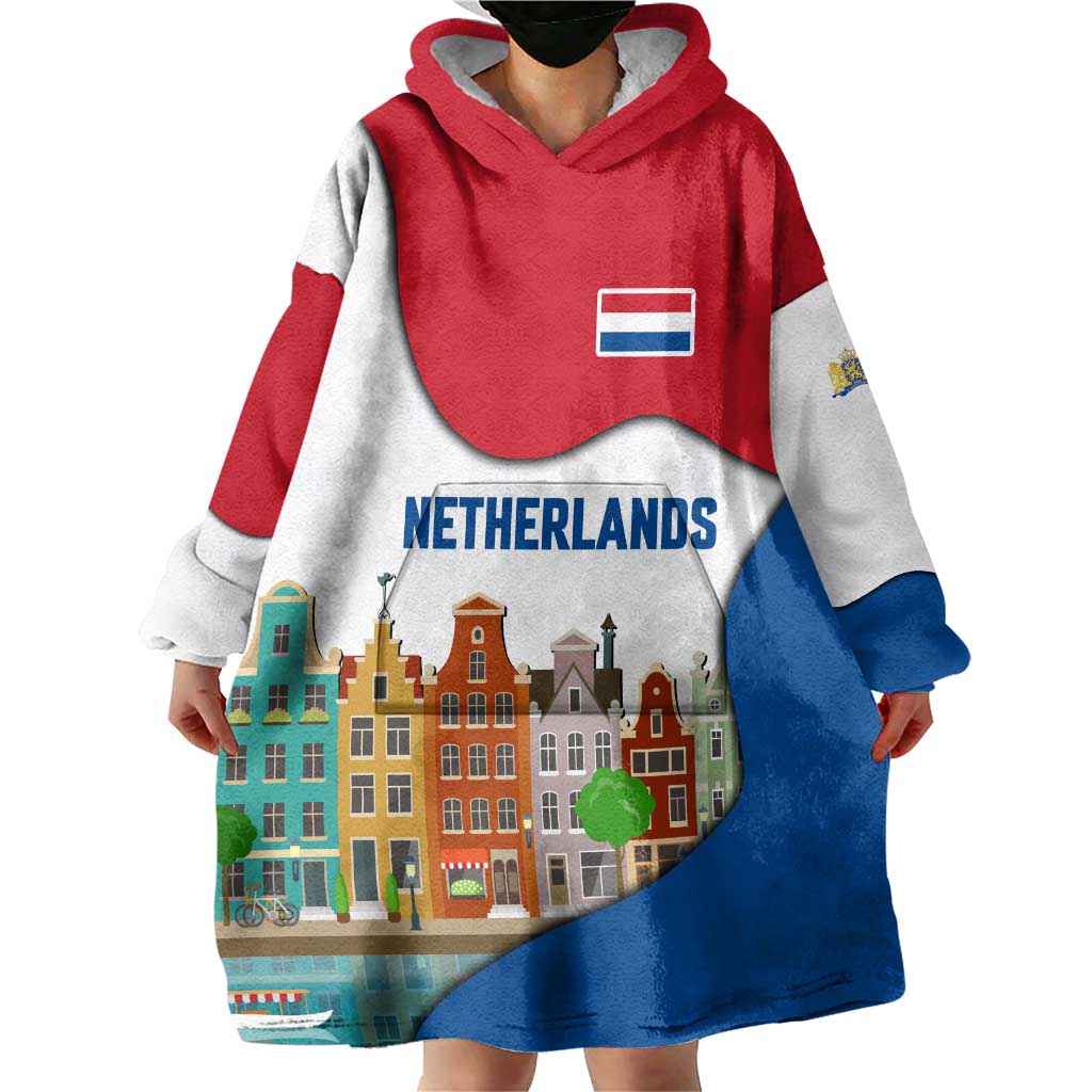 Netherlands Amsterdam Wearable Blanket Hoodie with Colorful Canal Houses and National Flag Design - Wonder Print Shop