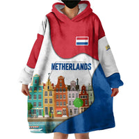 Netherlands Amsterdam Wearable Blanket Hoodie with Colorful Canal Houses and National Flag Design - Wonder Print Shop