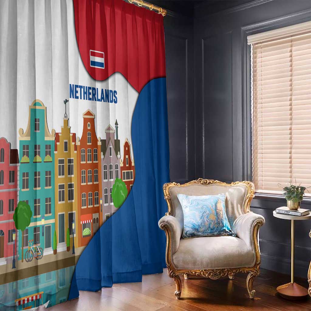 Netherlands Amsterdam Window Curtain with Colorful Canal Houses and National Flag Design - Wonder Print Shop