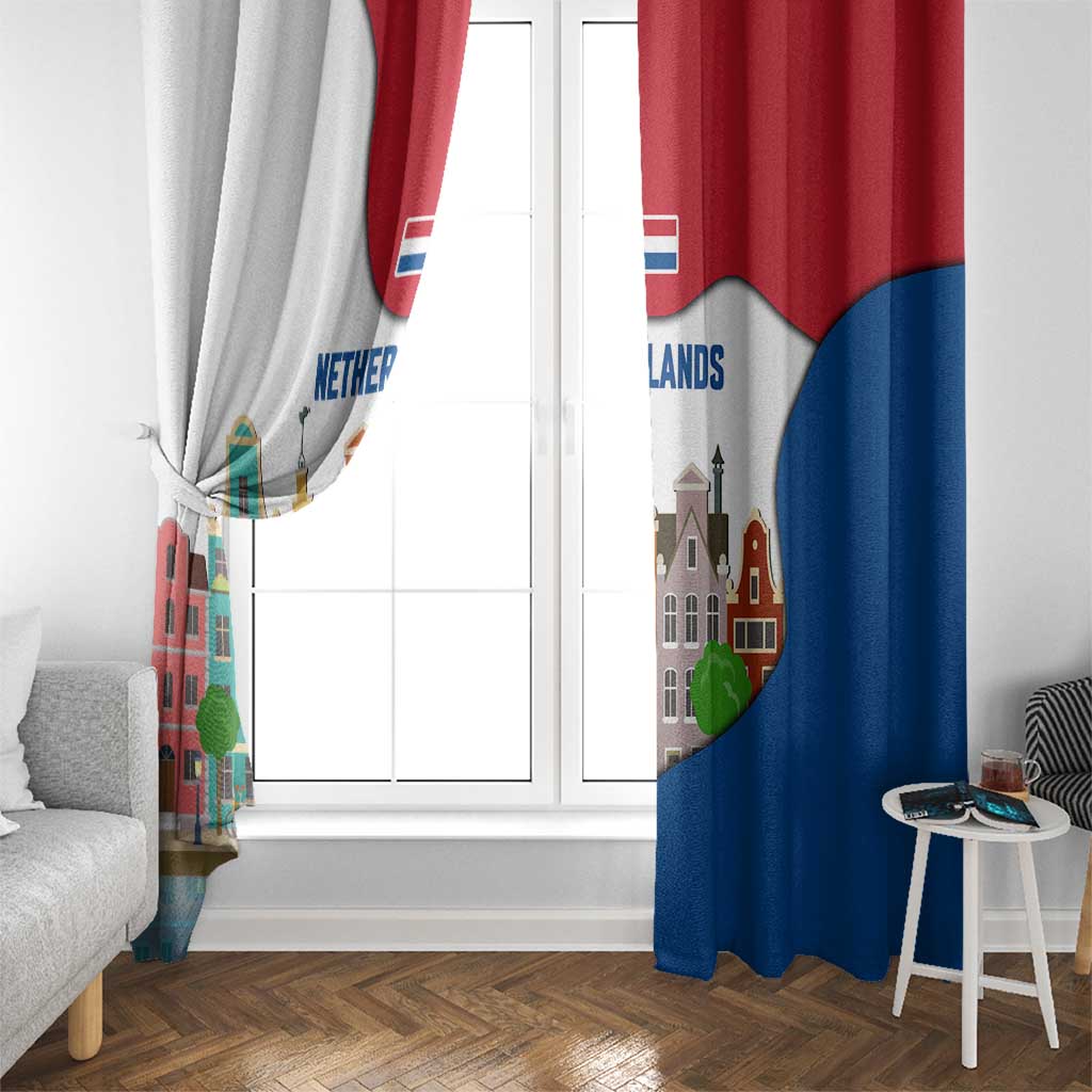 Netherlands Amsterdam Window Curtain with Colorful Canal Houses and National Flag Design - Wonder Print Shop