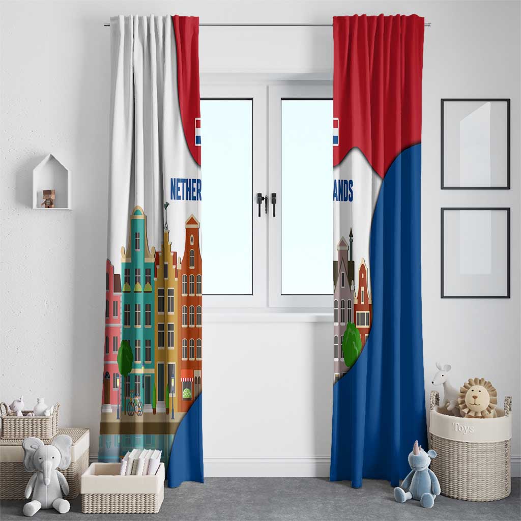 Netherlands Amsterdam Window Curtain with Colorful Canal Houses and National Flag Design - Wonder Print Shop