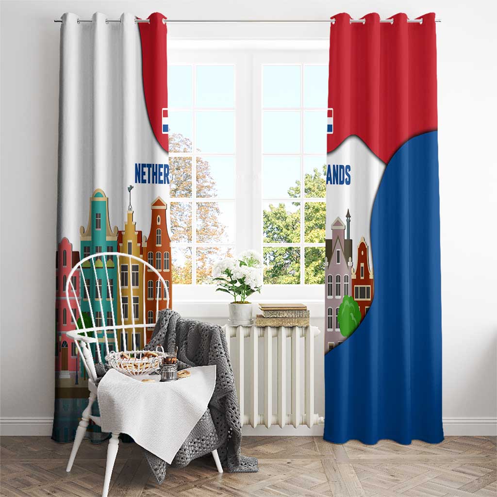 Netherlands Amsterdam Window Curtain with Colorful Canal Houses and National Flag Design - Wonder Print Shop