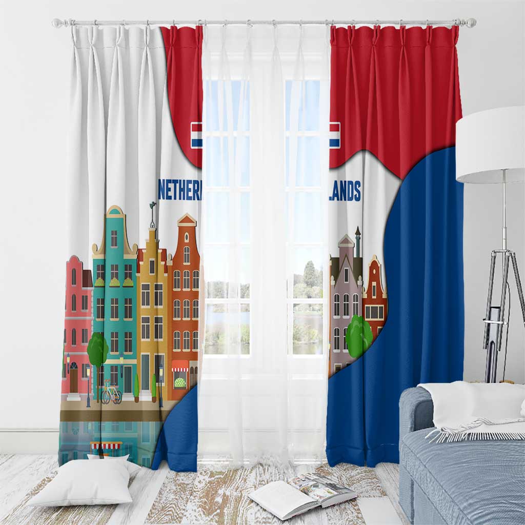 Netherlands Amsterdam Window Curtain with Colorful Canal Houses and National Flag Design - Wonder Print Shop
