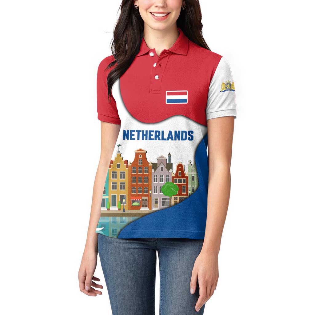 Netherlands Amsterdam Women Polo Shirt with Colorful Canal Houses and National Flag Design - Wonder Print Shop