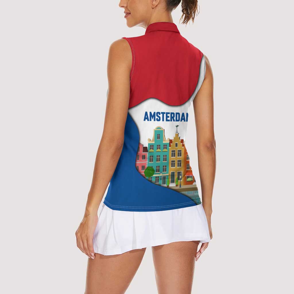 Netherlands Amsterdam Women Sleeveless Polo Shirt with Colorful Canal Houses and National Flag Design - Wonder Print Shop