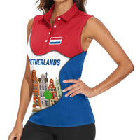 Netherlands Amsterdam Women Sleeveless Polo Shirt with Colorful Canal Houses and National Flag Design - Wonder Print Shop
