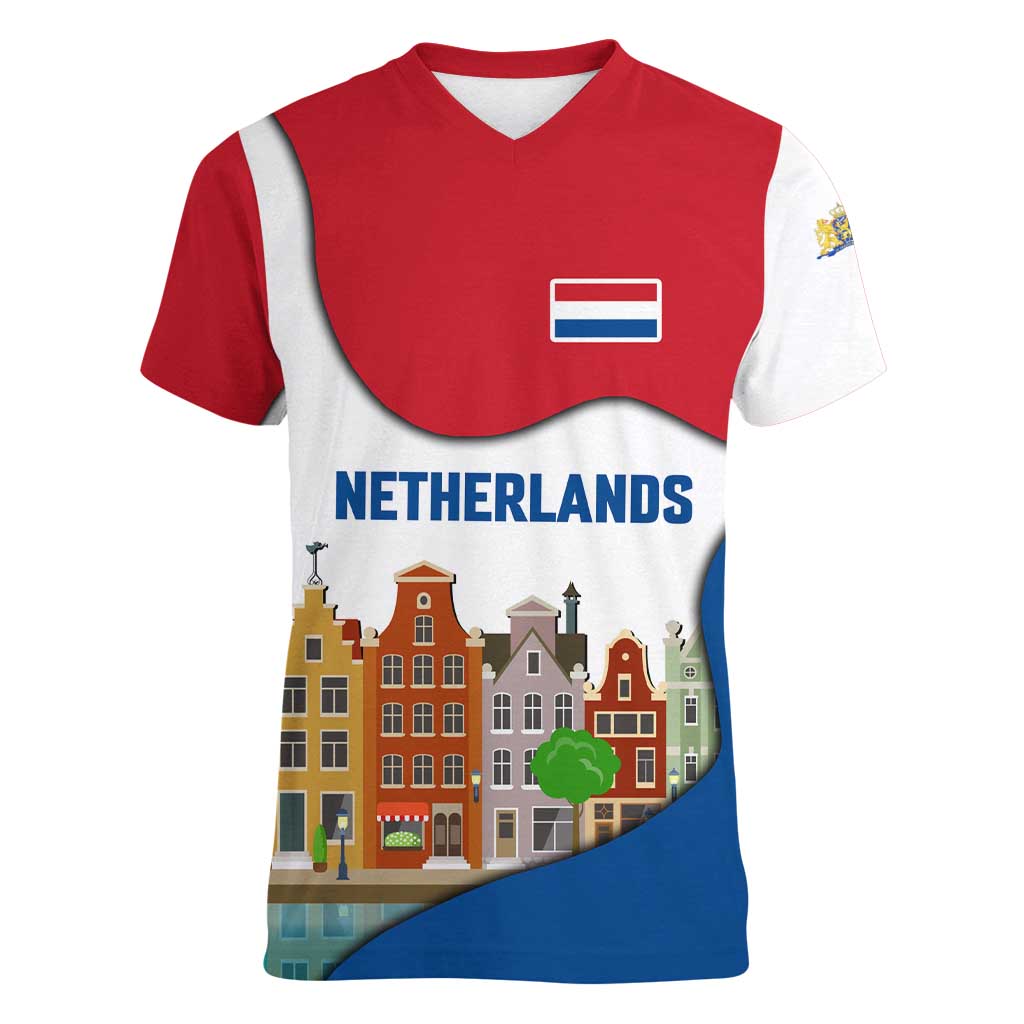 Netherlands Amsterdam Women V-Neck T-Shirt with Colorful Canal Houses and National Flag Design - Wonder Print Shop