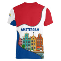 Netherlands Amsterdam Women V-Neck T-Shirt with Colorful Canal Houses and National Flag Design - Wonder Print Shop