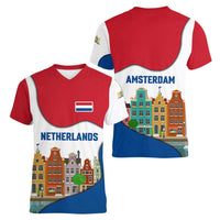 Netherlands Amsterdam Women V-Neck T-Shirt with Colorful Canal Houses and National Flag Design - Wonder Print Shop