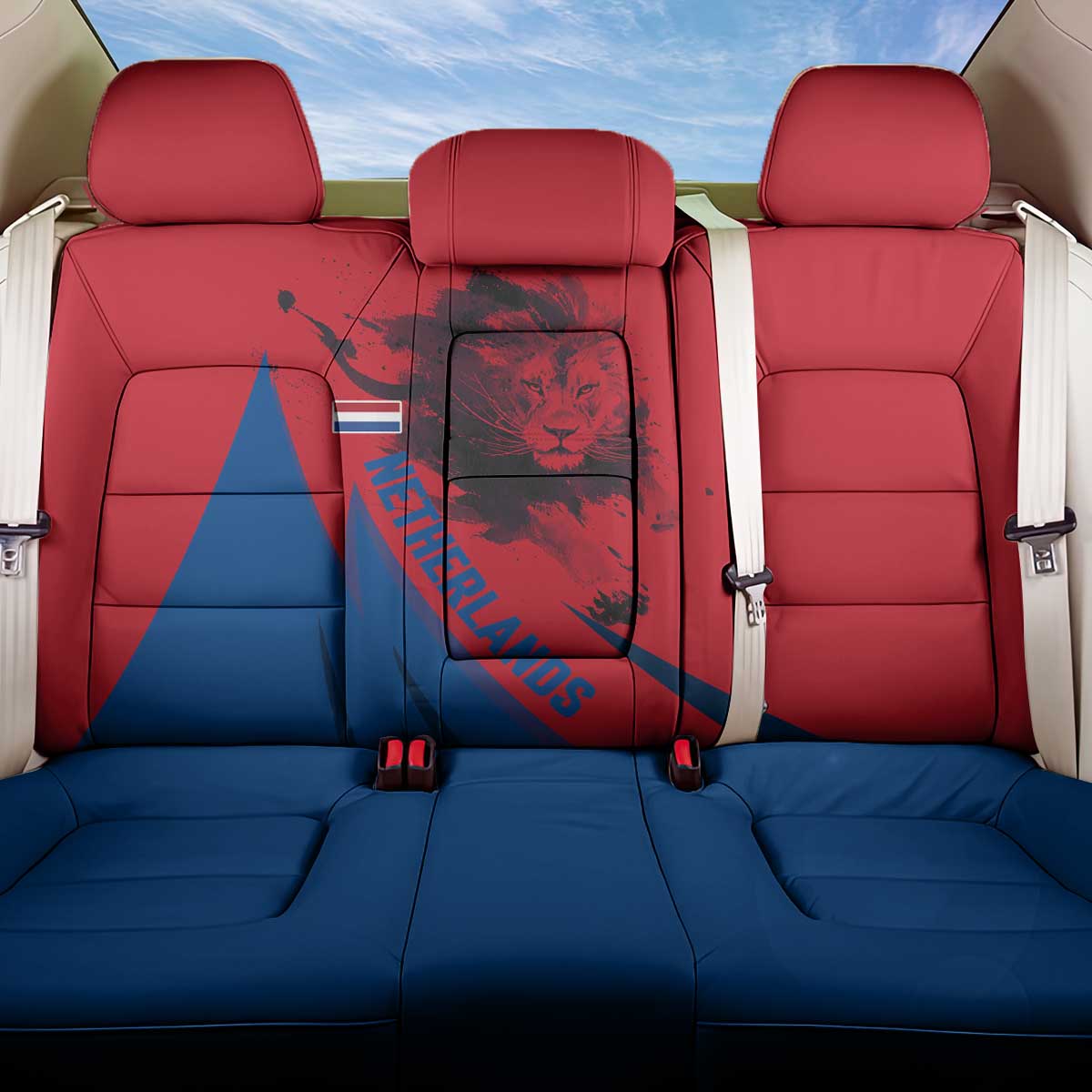 Netherlands Back Car Seat Cover with Lion Graphic and Dutch Flag in Red and Blue Design - Wonder Print Shop