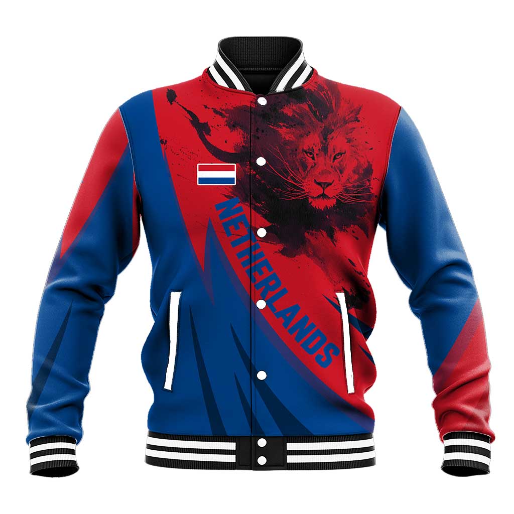 Netherlands Baseball Jacket with Lion Graphic and Dutch Flag in Red and Blue Design - Wonder Print Shop